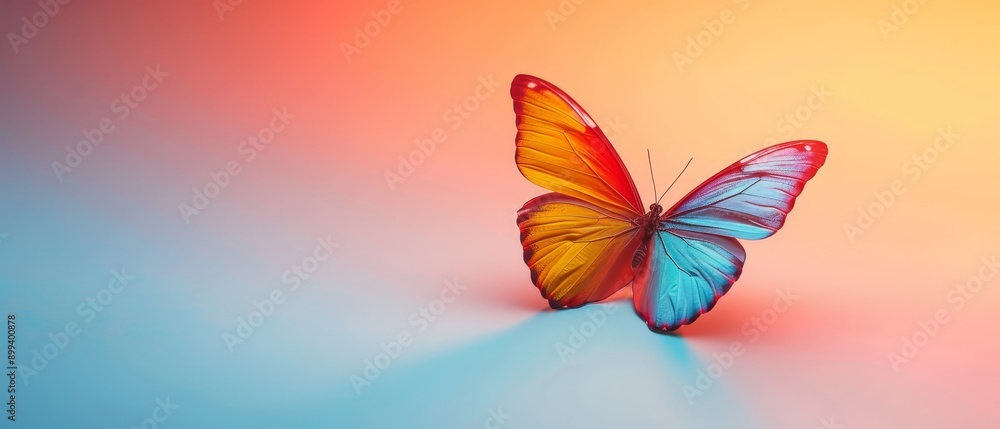 Fototapeta premium A vibrant butterfly perches against a backdrop of blue and yellow, its wings boasting red and blue hues