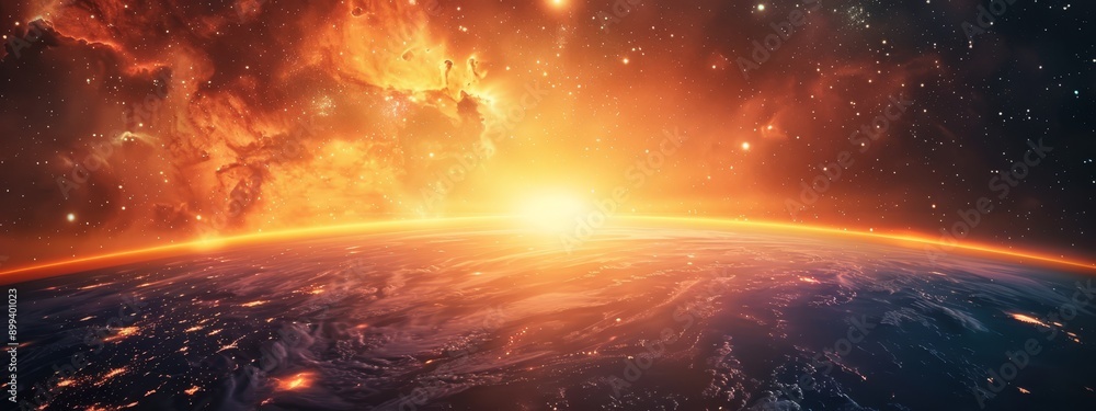 A perspective of Earth from space, showcasing a radiant glow emerging from the Earth's atmospheric core A perspective of Earth from space, showcasing a radiant glow emerging from the Earth's atmospheric core
