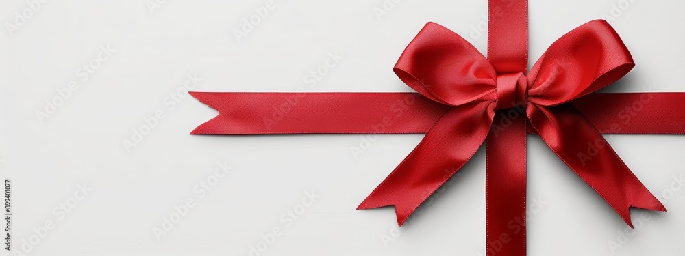 A red ribbon against a pristine white background, topped with a luscious red bow A red ribbon against a pristine white background, topped with a luscious red bow