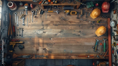 Aerial view of organized handyman tools on a wooden workbench. Perfect for construction, maintenance, or DIY project themes.