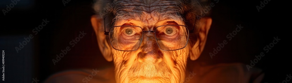 Close-up portrait of an elderly man with glasses looking at the camera. Close-up portrait of an elderly man with glasses looking at the camera.