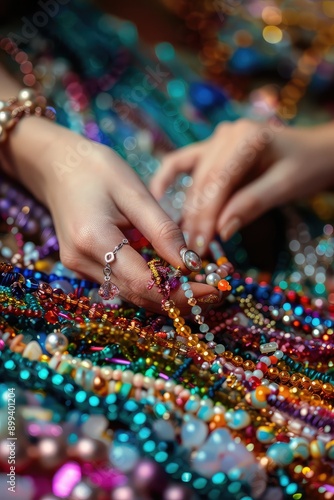 Handicraft woman weaves beads. Selective focus.