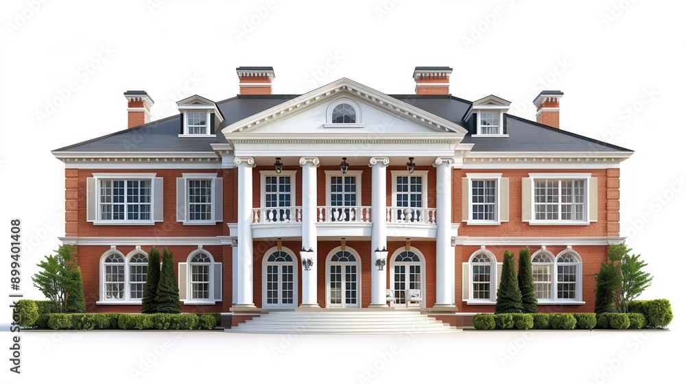 Fototapeta premium Luxurious Photo Realistic Mansion Colonial House Isolated on White Background