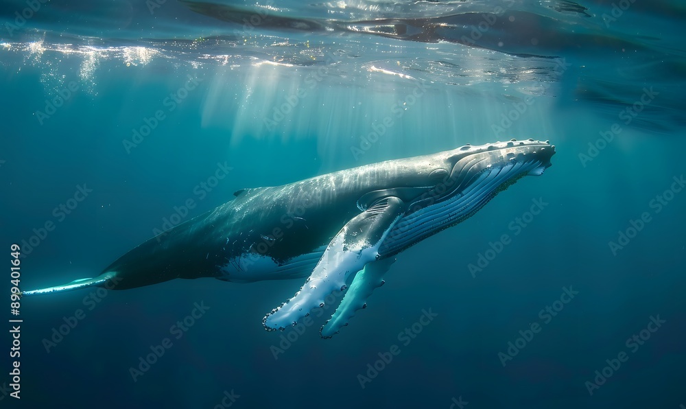Fototapeta premium Humpback whale gracefully swims underwater, Generative AI