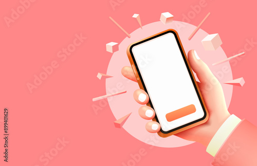Hand phone white screen, icons 3d toys, product advertising phone. Vector