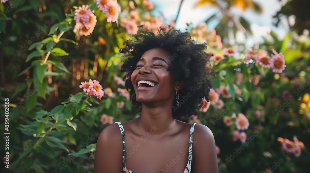 A black woman with a natural hairstyle, wearing a summer dress, standing joyfully in a garden. A black woman with a natural hairstyle, wearing a summer dress, standing joyfully in a garden.