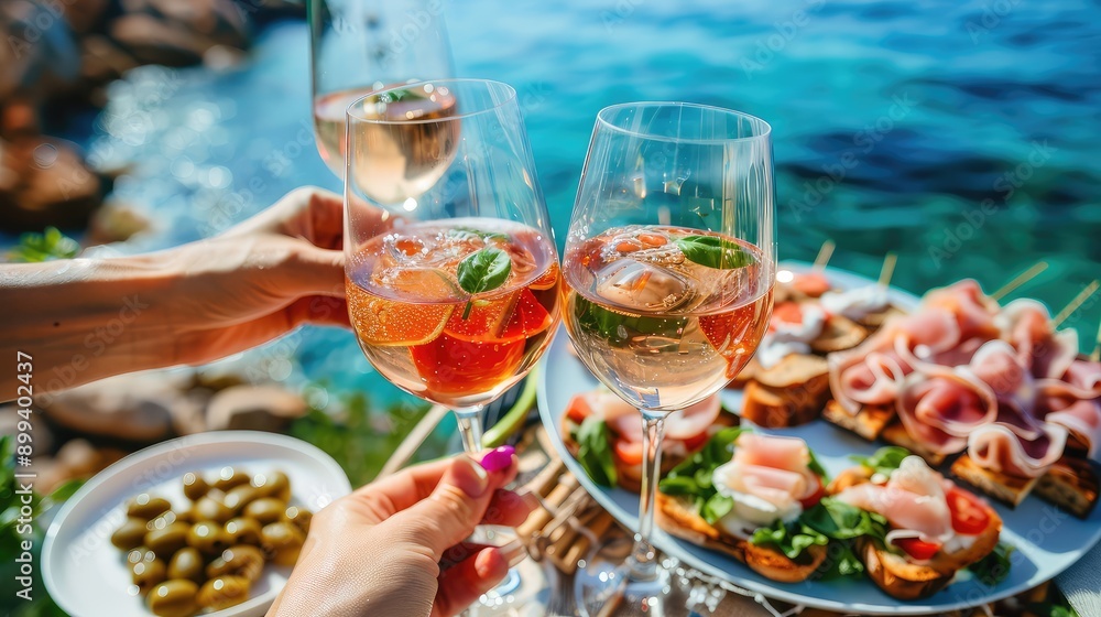 Wine and jamon and snacks in hand on the seashore. Selective focus. Wine and jamon and snacks in hand on the seashore. Selective focus.