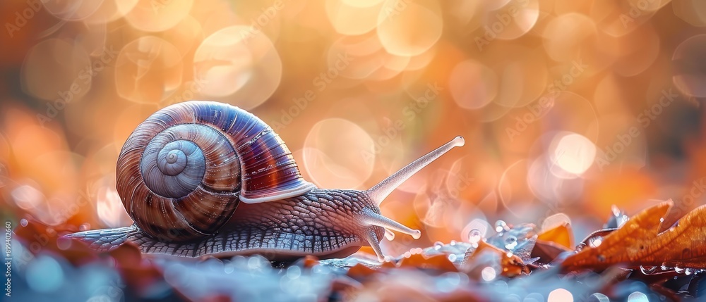 A tight shot of a snail atop a mound of leaves, backdrop softly blurred A tight shot of a snail atop a mound of leaves, backdrop softly blurred