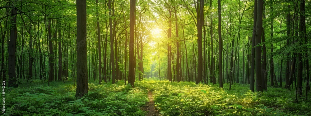 Obraz premium The sun illuminates the forest, where lush green grass meets tall, leafy trees