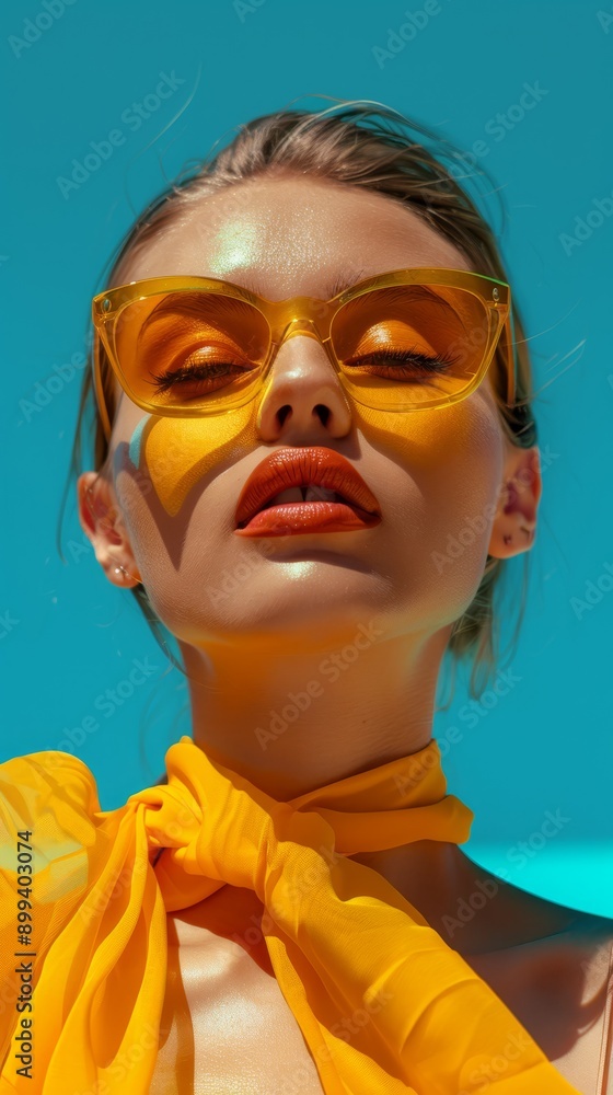 A woman dons yellow glasses and a yellow scarf; gaze fixed on the distance, blue sky backdrops A woman dons yellow glasses and a yellow scarf; gaze fixed on the distance, blue sky backdrops