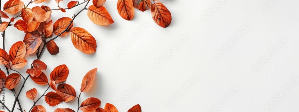 A tree branch with vibrant orange leaves against a pristine white backdrop Ideal for text or image insertion A tree branch with vibrant orange leaves against a pristine white backdrop Ideal for text or image insertion