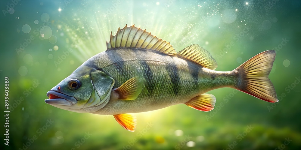 Fishing trophy big freshwater perch in water on green background Generative AI Fishing trophy big freshwater perch in water on green background Generative AI