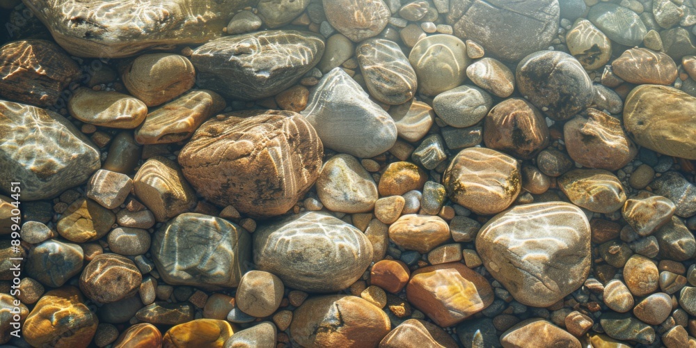 An underwater view of smooth, polished river stones bathed in sunlight, creating a serene and tranquil atmosphere. The clear water and gentle light enhance the natural beauty An underwater view of smooth, polished river stones bathed in sunlight, creating a serene and tranquil atmosphere. The clear water and gentle light enhance the natural beauty