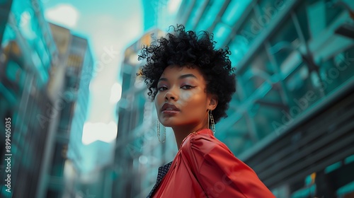 A black woman with short, curly hair, wearing bold makeup and a trendy outfit, posing confidently in a cityscape.