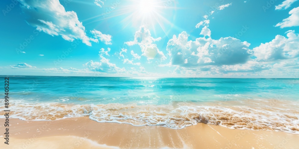 Clean sunny summer beach background. A horizontal banner with a summer ocean, sea, sun, clouds, waves