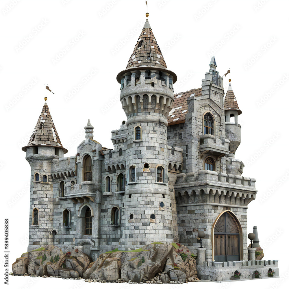 Obraz premium Old fairytale castle on the hill isolated on white