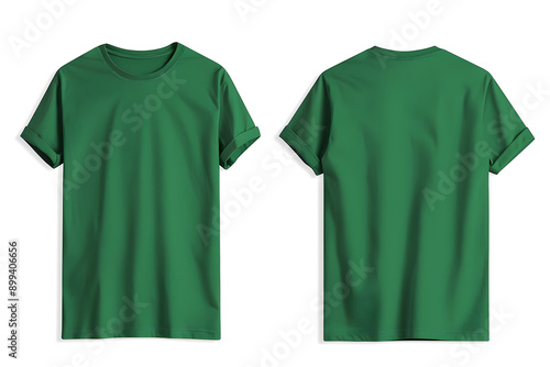 Blank green T-shirt mockup template with front and back view on plain white background