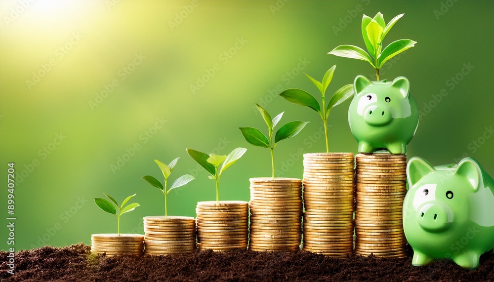 Green pig piggy banks on a stack of gold coins, plant sprouts growth ...