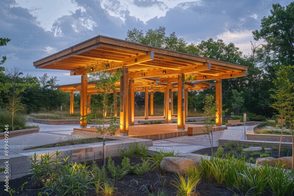 Modern Urban Park Pavilion with Rainwater Irrigation System and Evening Lighting for Sustainable Outdoor Spaces