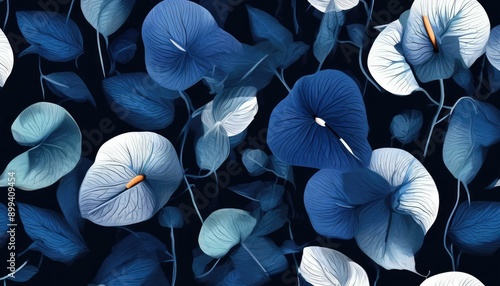 Floral seamless background, anthurium flowers with leaves in blue tone on dark blue