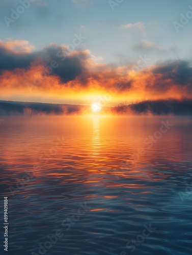 Serene Sunrise Reflecting on Tranquil Lake with Mist and Golden Glow