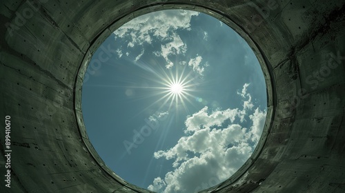 Looking Up from Inside a Missile Silo to a Clear Sky with Bright Sun and Clouds