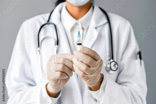 Healthcare Professional Preparing Injection Close-up of a doctor holding a syringe and vial emphasizing medical care vaccination and patient health in a clinical setting Background Wallpaper © Korea Saii