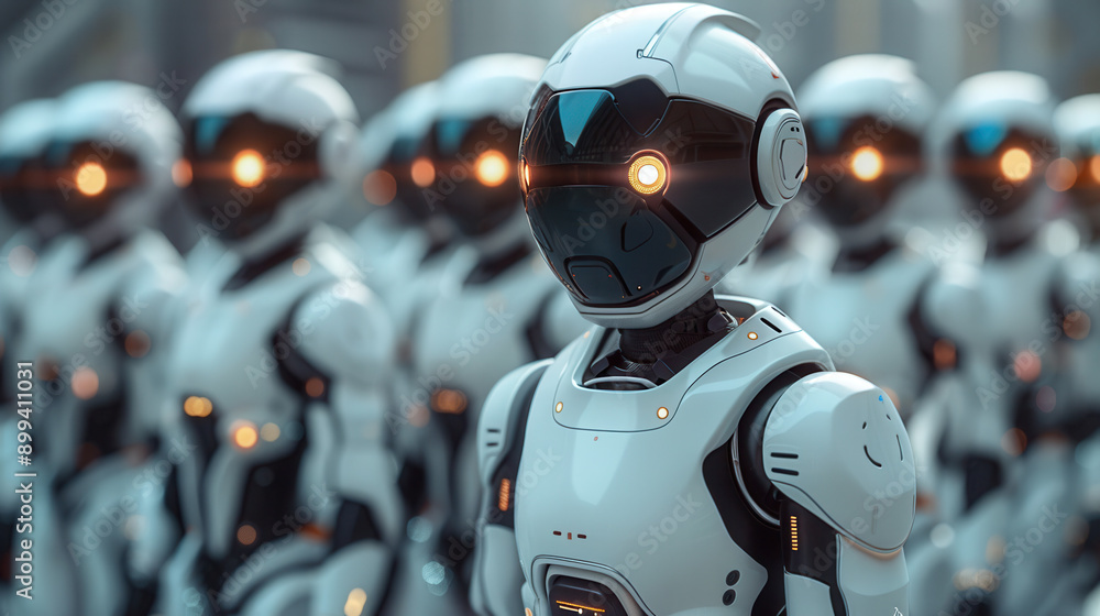Close-Up of Humanoid Robots with Illuminated Eyes, Advanced Artificial Intelligence in Futuristic Setting, Concept of Robotics and Automation Close-Up of Humanoid Robots with Illuminated Eyes, Advanced Artificial Intelligence in Futuristic Setting, Concept of Robotics and Automation