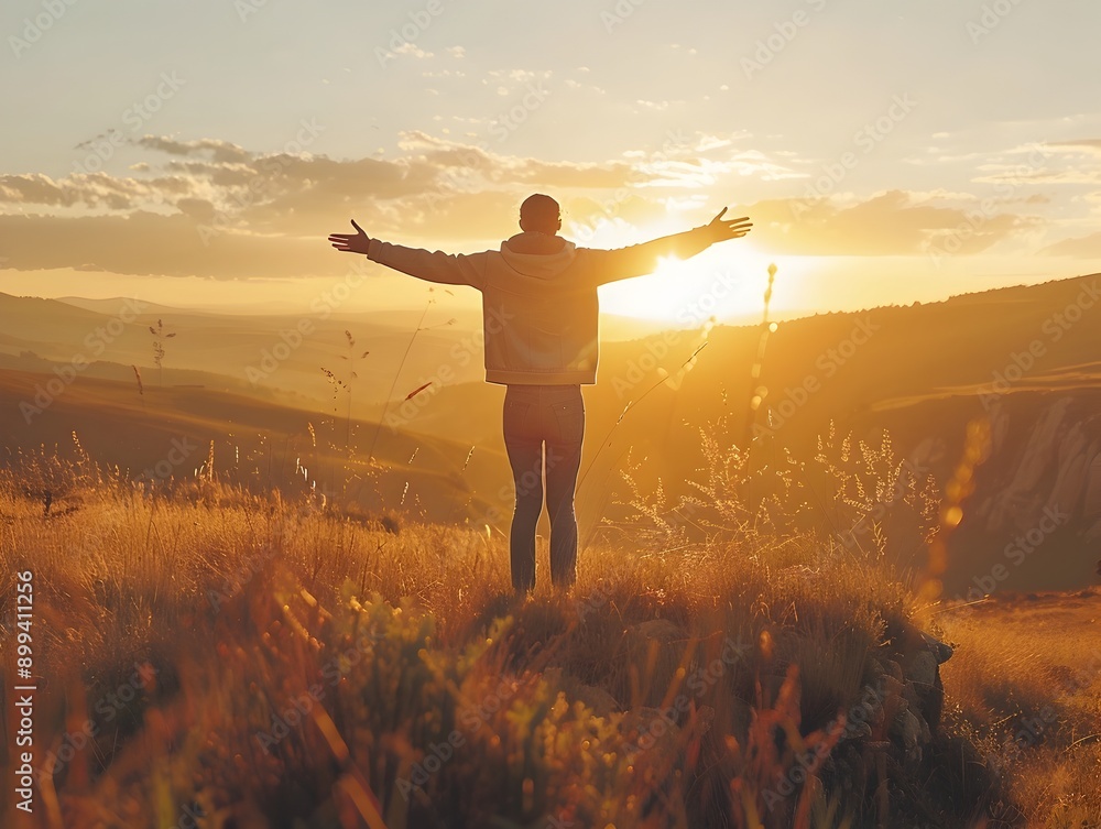 Fototapeta premium Silhouette of a Person Standing on Hilltop Embracing the Morning Light and New Possibilities