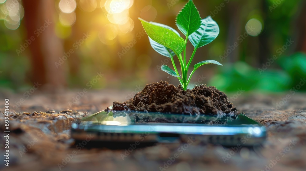 Young Plant Growing from Smartphone Screen in Forest, Symbolizing Technology and Nature Integration Young Plant Growing from Smartphone Screen in Forest, Symbolizing Technology and Nature Integration