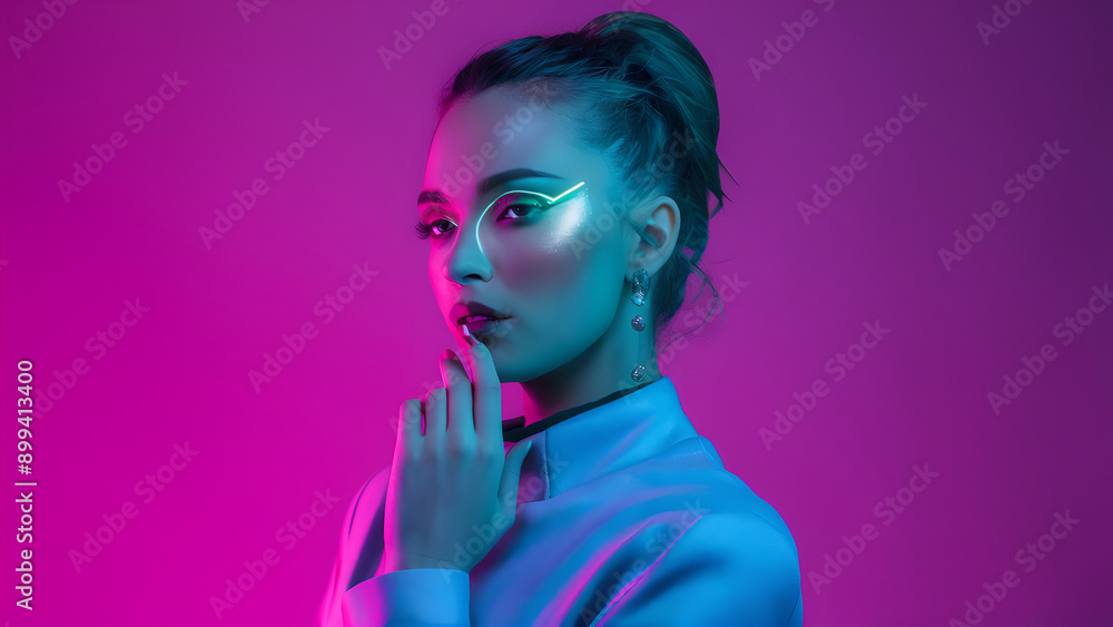 High fashion model in colorful bright neon lights posing at studio. Portrait of beautiful girl with trendy glowing make-up. Art design vivid style High fashion model in colorful bright neon lights posing at studio. Portrait of beautiful girl with trendy glowing make-up. Art design vivid style