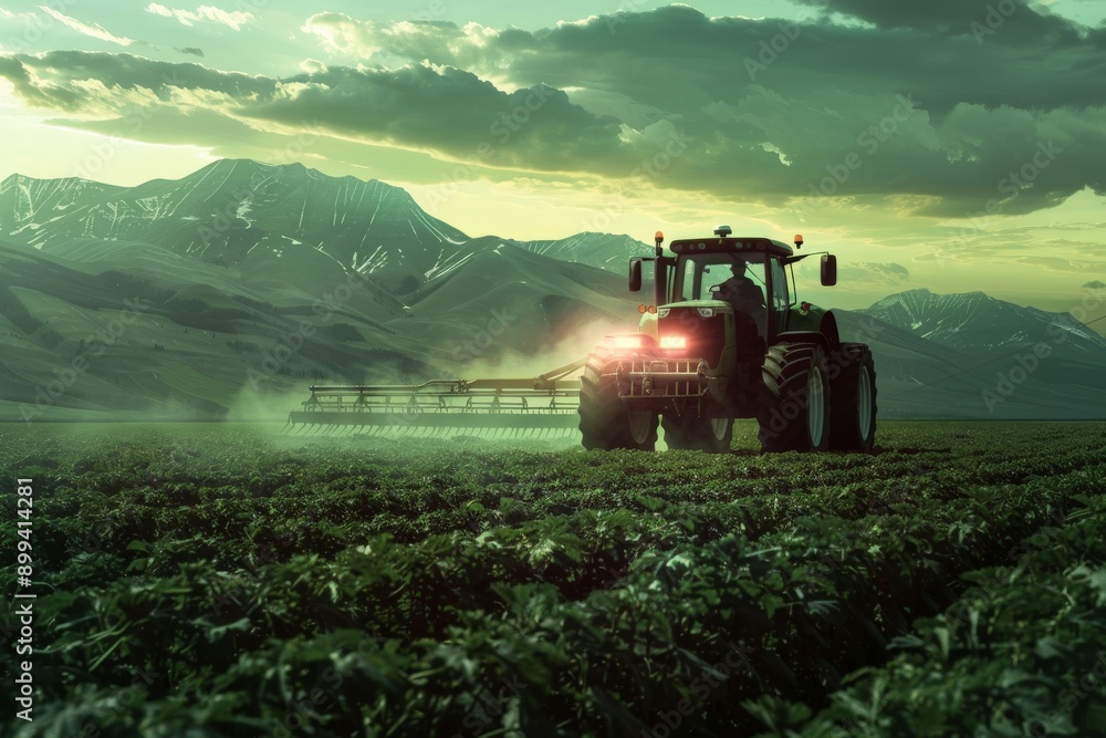 Fototapeta premium Tractor Spraying Crops in Mountainous Field.