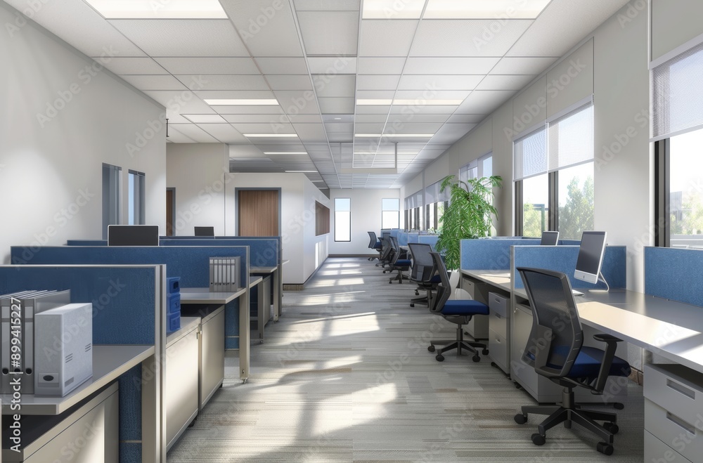 Modern Office Interior with White Concrete Floor, Blue Wall Panels, Work Tables, and Bright Lighting from Large Windows, Creating a Clean and Professional Business Environment Modern Office Interior with White Concrete Floor, Blue Wall Panels, Work Tables, and Bright Lighting from Large Windows, Creating a Clean and Professional Business Environment