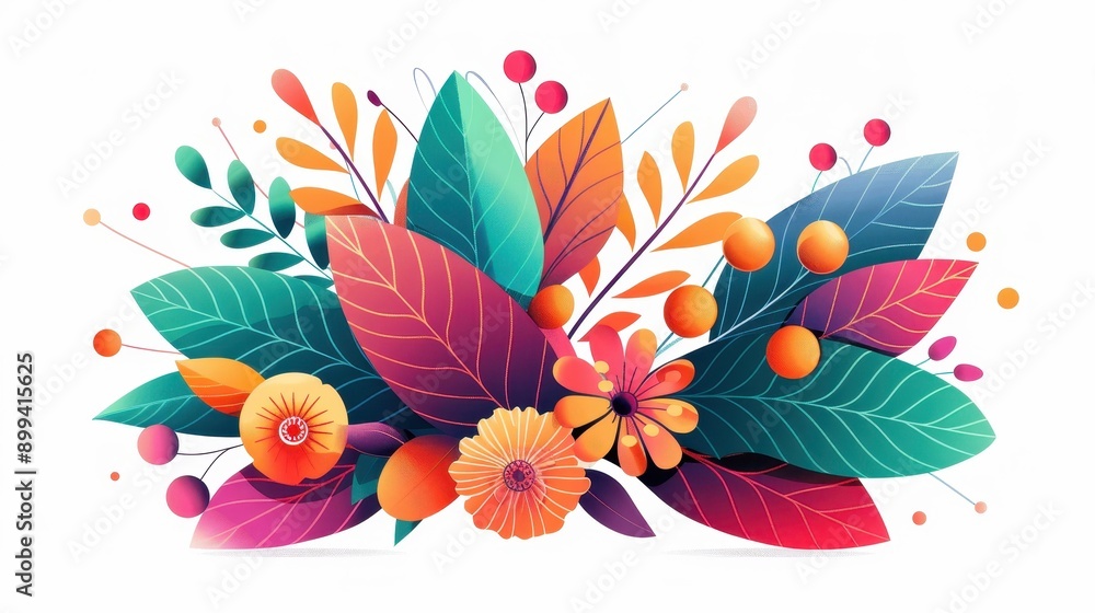 Fototapeta premium Brightly colored clipart of whimsical plants brings magic to life, perfect for childrens fairy tales and creative illustrations.