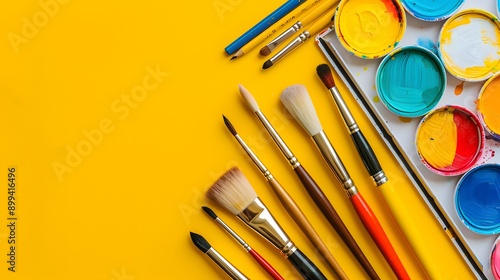 Creative artist desk, scattered paintbrushes, sketchbook, solid yellow background, colorful palette, art supplies photo