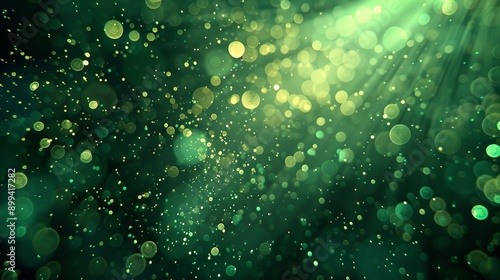 Abstract dark green bokeh circles on a white background. Spectacular illustration with particles and rays 