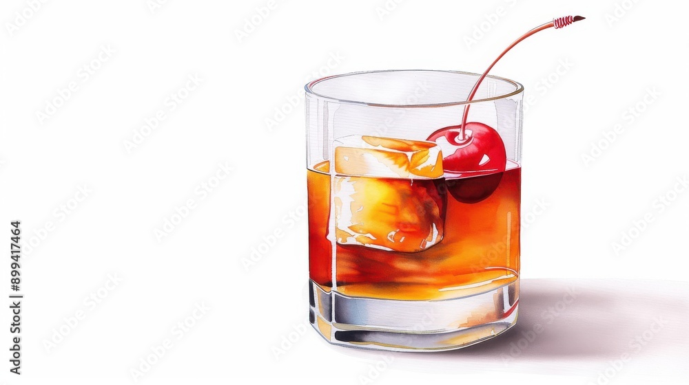 A classic Old Fashioned cocktail served in a rocks glass, garnished with a vibrant Luxardo Cherry, elegantly illustrated in watercolor. A classic Old Fashioned cocktail served in a rocks glass, garnished with a vibrant Luxardo Cherry, elegantly illustrated in watercolor.