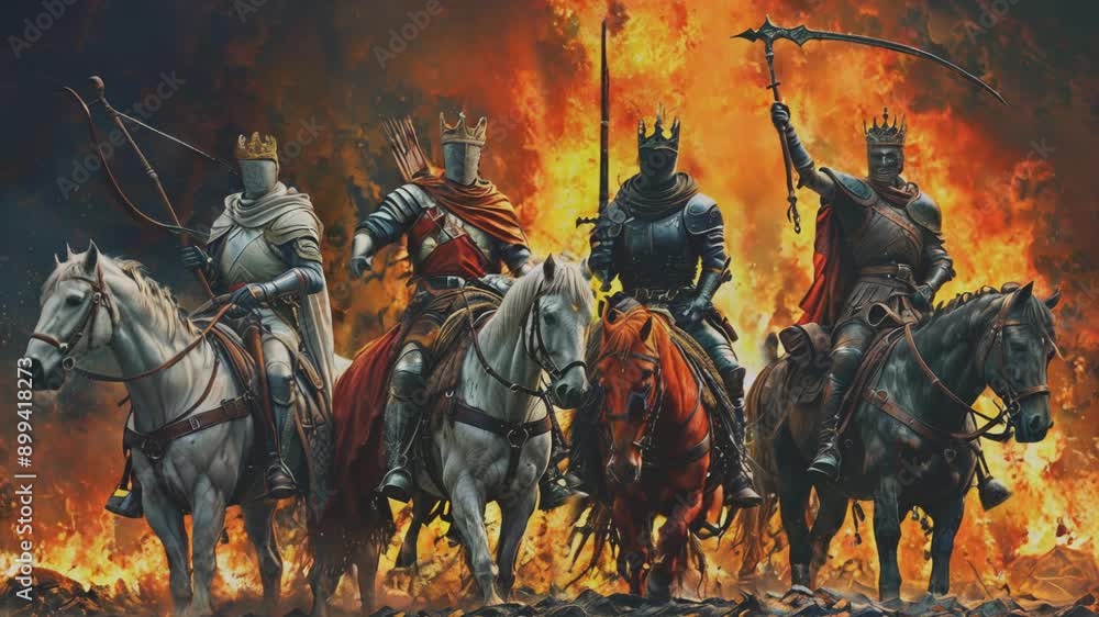 Four Horsemen of the Apocalypse in medieval armor, crowned and riding through a fiery landscape, symbolizing destruction and the end of the world. Perfect for dramatic, apocalyptic themes Four Horsemen of the Apocalypse in medieval armor, crowned and riding through a fiery landscape, symbolizing destruction and the end of the world. Perfect for dramatic, apocalyptic themes