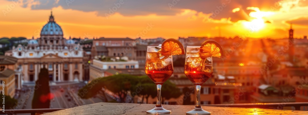 Two glasses of Aperol against the backdrop of Italy. Selective focus. Two glasses of Aperol against the backdrop of Italy. Selective focus.