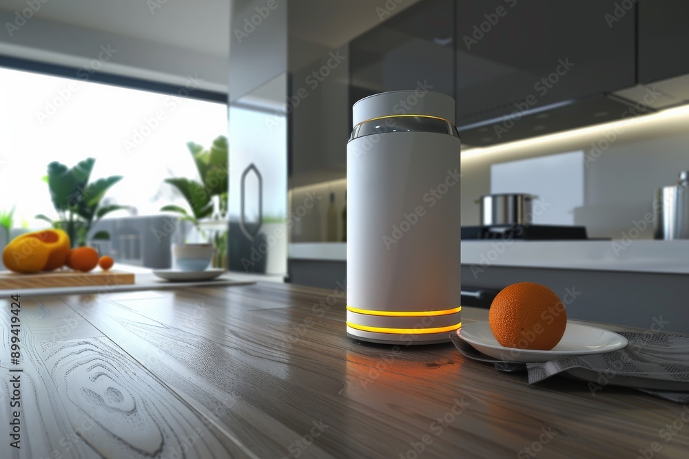 Modern Kitchen Interior with Smart Home Device and Orange. Modern Kitchen Interior with Smart Home Device and Orange.