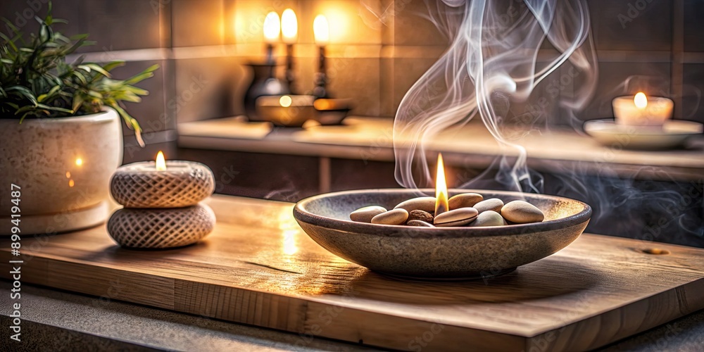 Obraz premium Zen stone bowl with candles and incense in a peaceful setting.