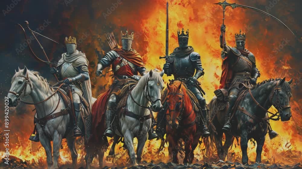 Four Horsemen of the Apocalypse in medieval armor, crowned and riding through a fiery landscape, symbolizing destruction and the end of the world. Perfect for dramatic, apocalyptic themes Four Horsemen of the Apocalypse in medieval armor, crowned and riding through a fiery landscape, symbolizing destruction and the end of the world. Perfect for dramatic, apocalyptic themes