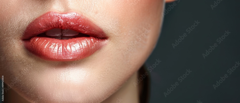 Naklejka premium Close-Up of Glossy Red Lips with Natural Skin Texture Against Dark Background