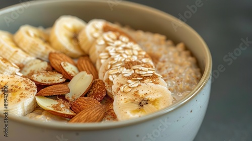 A bowl of oatmeal with sliced almonds, banana, and a sprinkle of cinnamon photo