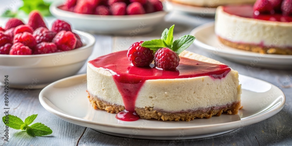 Creamy cheesecake topped with fresh raspberries and mint. Creamy cheesecake topped with fresh raspberries and mint.