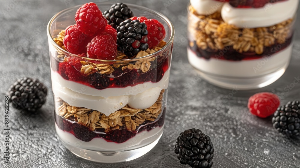 A fresh berry parfait with layers of Greek yogurt, granola, and honey A fresh berry parfait with layers of Greek yogurt, granola, and honey