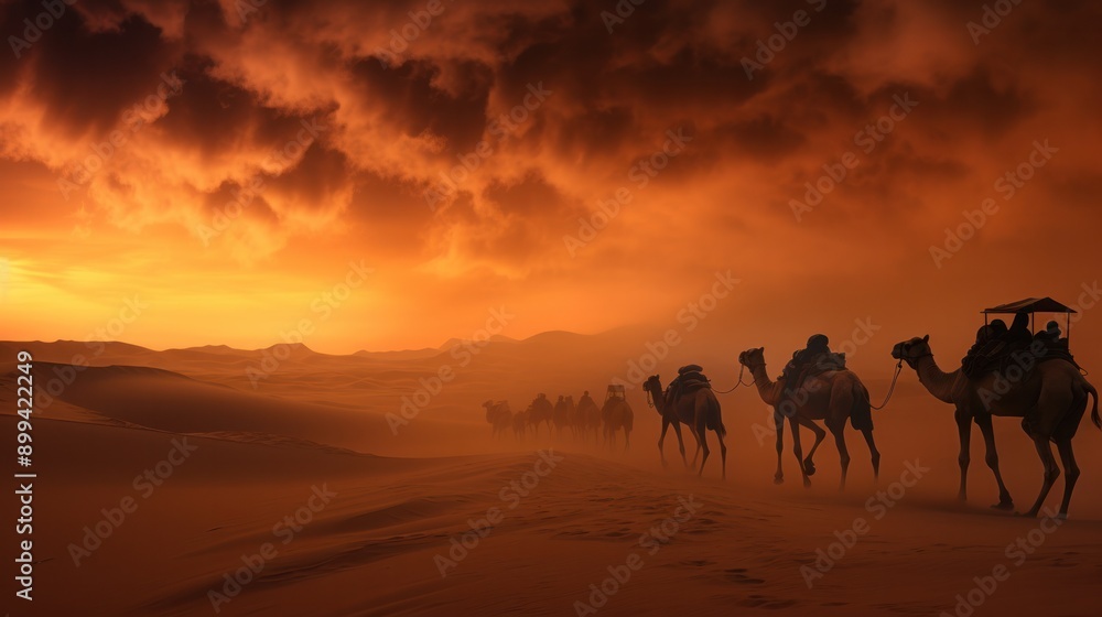Photograph of a swirling desert sandstorm casting an eerie orange glow on the desert landscape, with a small caravan of camels silhouetted against the swirling sands Photograph of a swirling desert sandstorm casting an eerie orange glow on the desert landscape, with a small caravan of camels silhouetted against the swirling sands