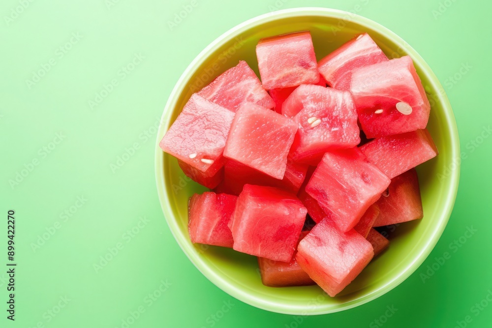 A vibrant bowl overflows with juicy watermelon cubes against a lively green backdrop, showcasing a refreshing summer treat. A vibrant bowl overflows with juicy watermelon cubes against a lively green backdrop, showcasing a refreshing summer treat.