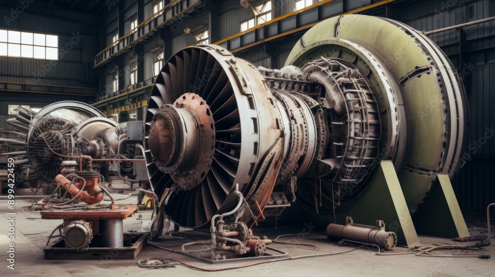 Obraz premium Used turbine impeller vanes on repair service factory. Neural network ai generated art