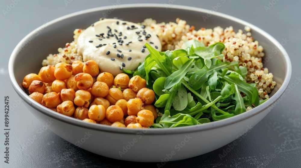 A healthy Buddha bowl with roasted chickpeas, quinoa, and a tahini sauce A healthy Buddha bowl with roasted chickpeas, quinoa, and a tahini sauce